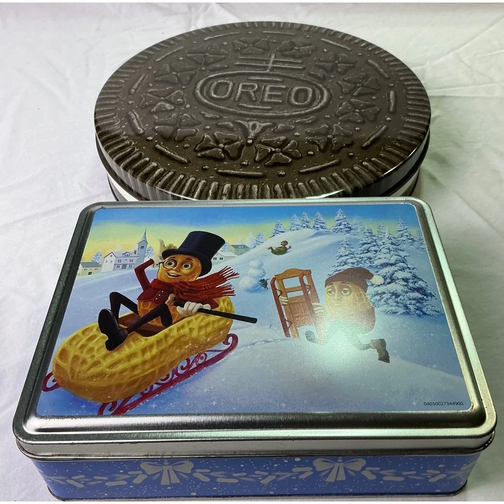 Vintage 1993 Oreo Cookie & Planters Peanuts Holiday Metal Tin Set of 2